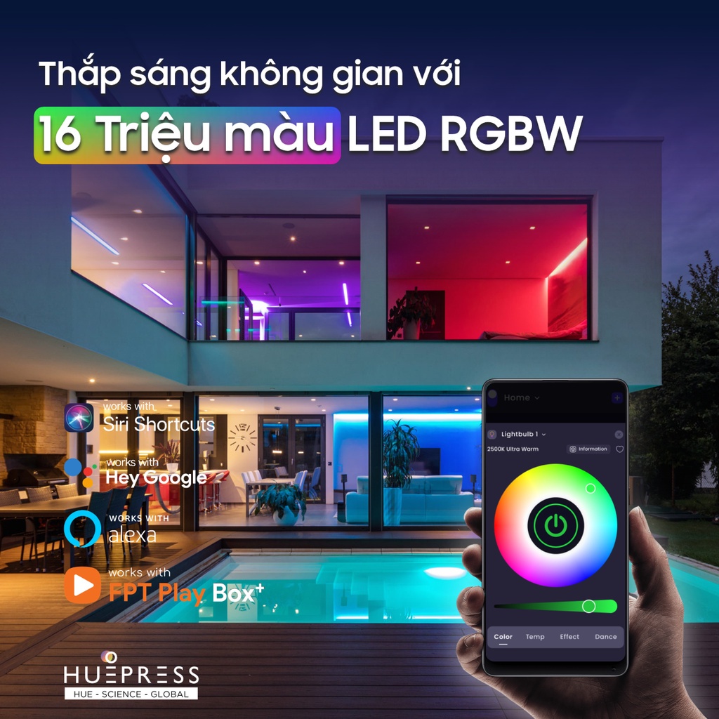 Đèn led âm trần HuePress downlight thông minh 10W RGBCW 220V WiFi/4G - 16 triệu màu, nháy theo nhạc