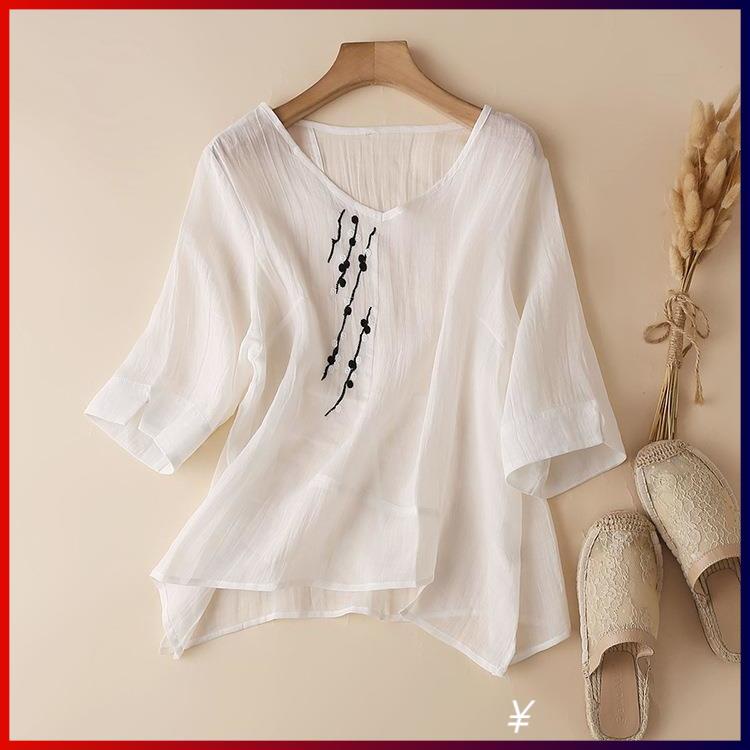 Áo Thun Tay Ngắn Chất Liệu Cotton Lanh Thêu Họa Tiết Thổ Cẩm Phong Cách Retro