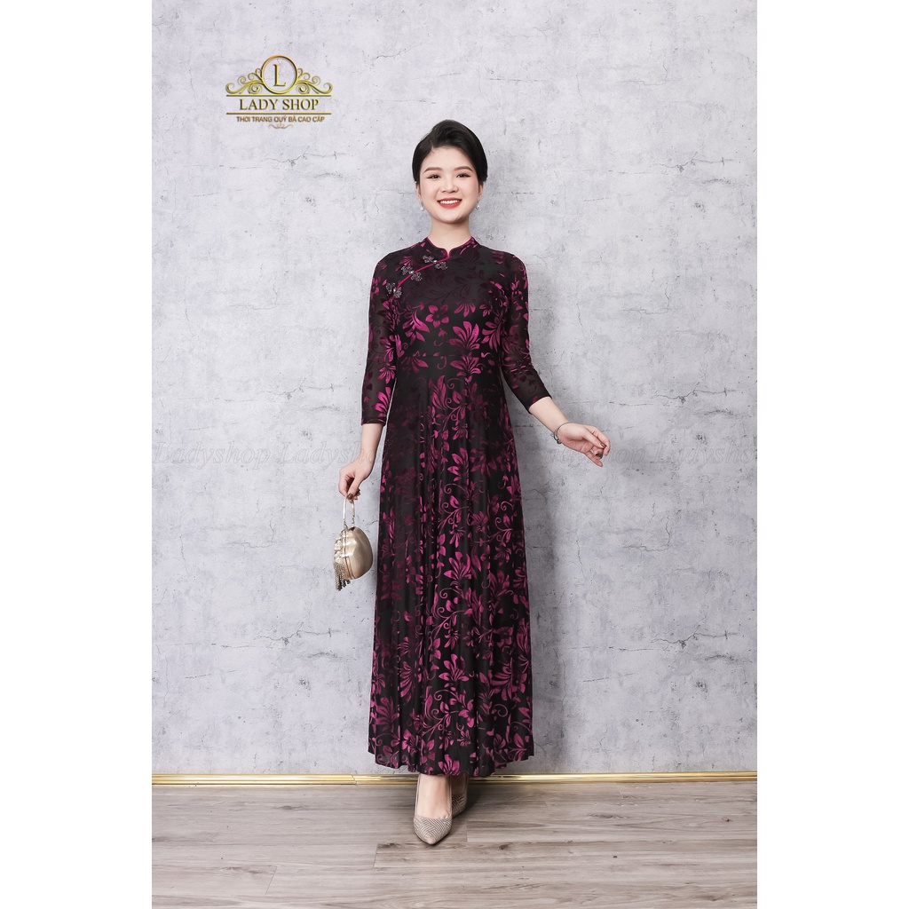 Đầm Maxi ren hoa nhung cổ tàu Ladyshop váy thời trang trung niên cao cấp T1