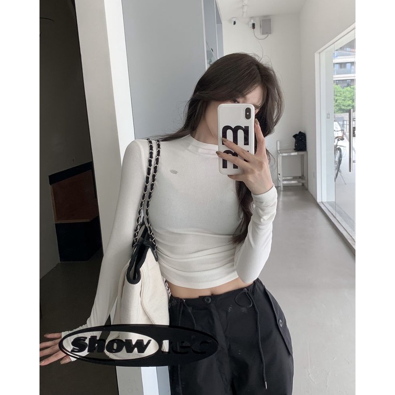 COZOK Áo thun COZOK tay dài cổ cao dáng ôm xếp ly phong cách cá tính cho nữ