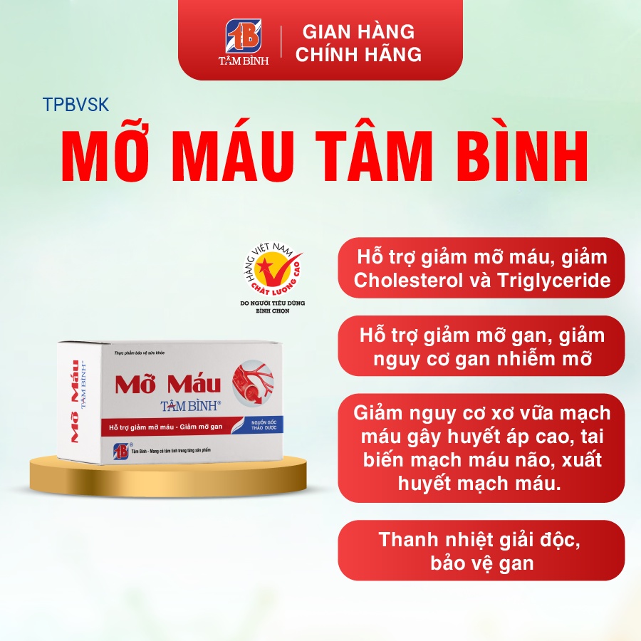 Viên uống Hỗ trợ giảm mỡ máu Tâm Bình, giảm cholesterol và triglyceride, hỗ trợ giảm nguy cơ xơ vữa mạch máu