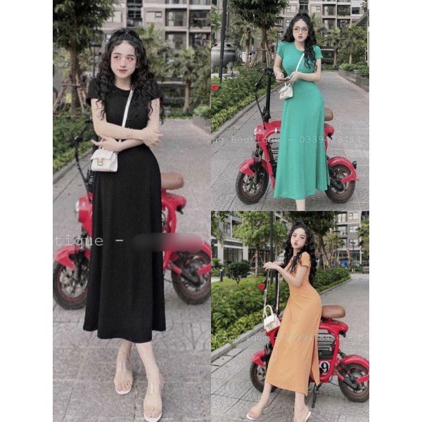 đầm tay ngắn cổ tròn dáng xòe nhẹ xẻ tà đầm đại