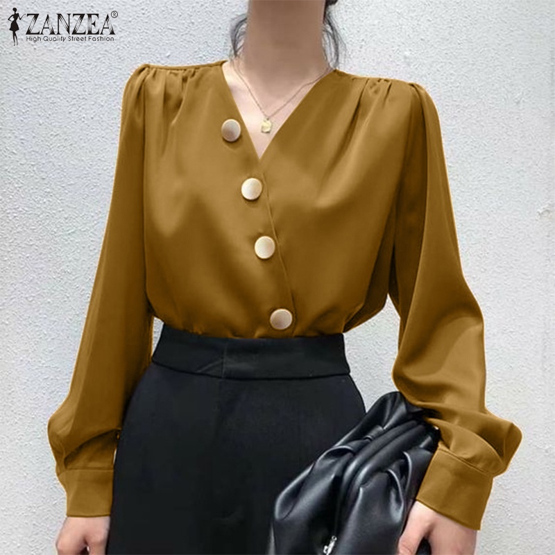Zanzea Áo Sơ Mi Nữ Tay Dài Cổ Chữ V Thời Trang Thanh Lịch