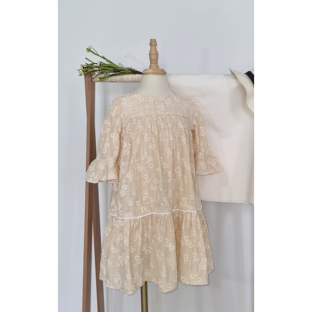 Đầm BabyDoll Bé Gái, Váy BabyDoll Bé Gái Tay Lỡ Họa Tiết Hoa Cúc Mùa Thu