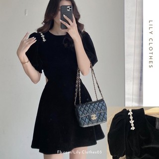 Váy nhung đính đá cut out eo tay bồng