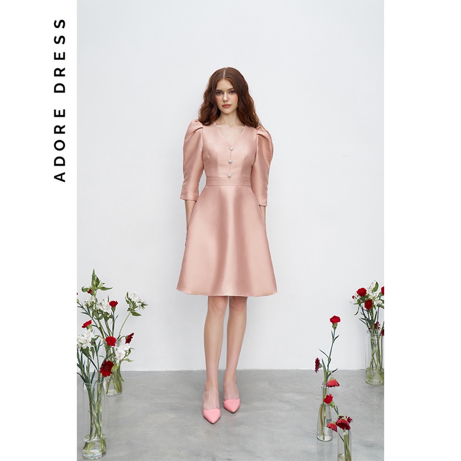 Váy tapta tay bồng midi be phối khuy đá 1VA1270 ADORE DRESS