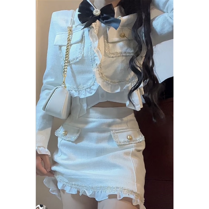 Set 2 Món Áo Dạ Tweet Áo Khoác Croptop Dài Tay Mix Chân Váy Đuôi Cá