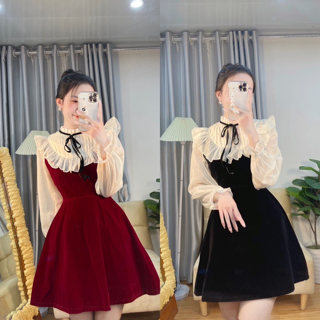 Váy Nhung Cổ Bèo Nơ Tay Voan HaLuu Store
