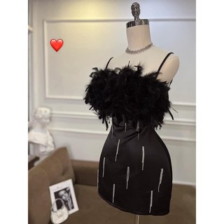 đầm 2 dây lông đính đá sang chảnh