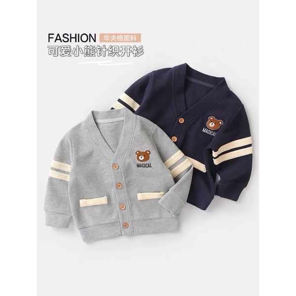 Áo khoác Cardigan hình Gấu thêu chất tổ ong đẹp cho bé trai (8-20kg)