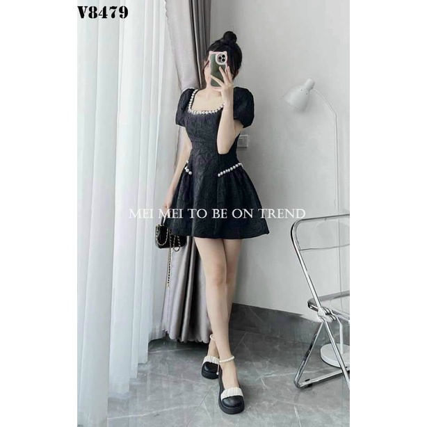 Đầm váy nữ xòe tay ngắn cổ vuông đính cườm 2 màu y hình,mẫu có mút ngực chất liệu gấm cao cấp