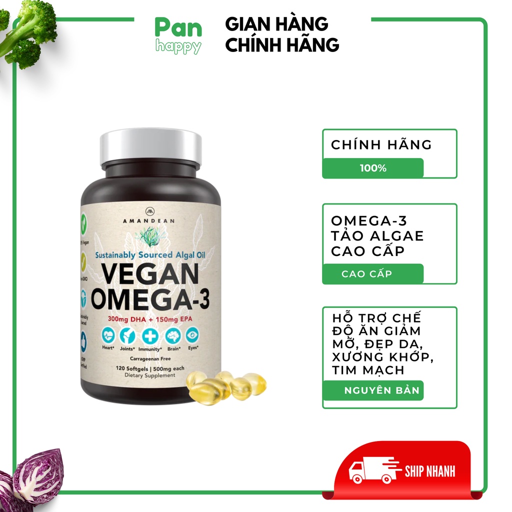 Dầu tảo Omega 3 Tảo Algae Thuần Chay cao cấp Mỹ Amandean bổ mắt bổ não - 120 viên