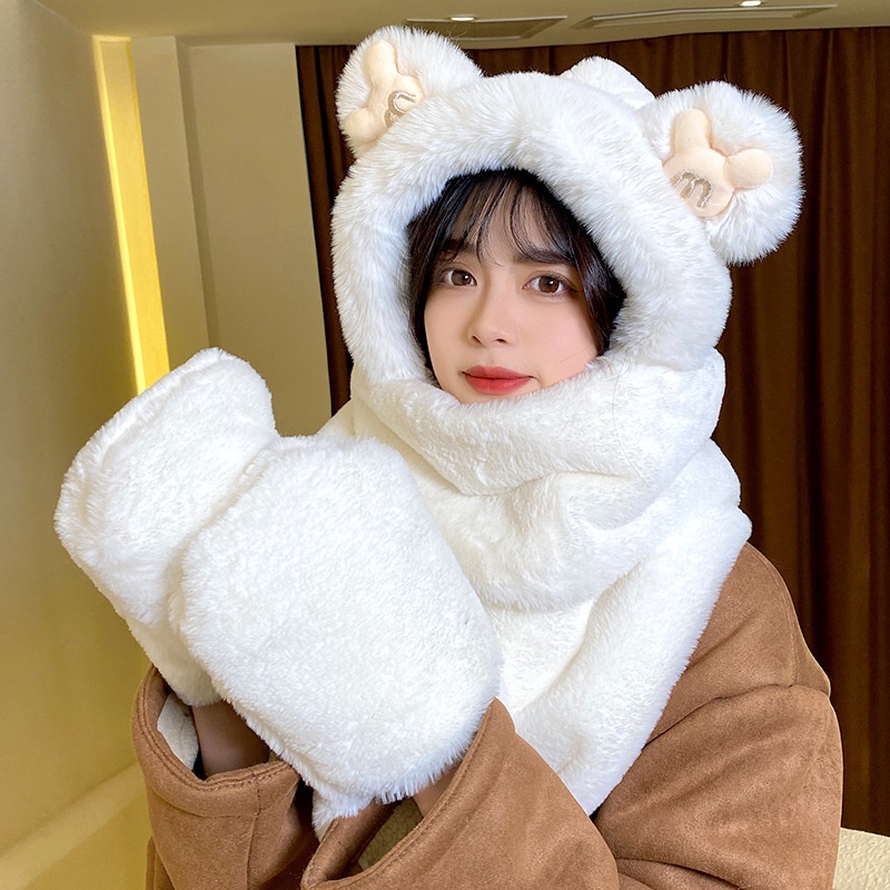 Mũ Mùa Đông Phiên Bản Hàn Quốc Tích Hợp Khăn Choàng Cổ Ấm Áp Hình Gấu comfo Ba Mảnh Chất Lượng Cao Phiên Bản Hàn Quốc