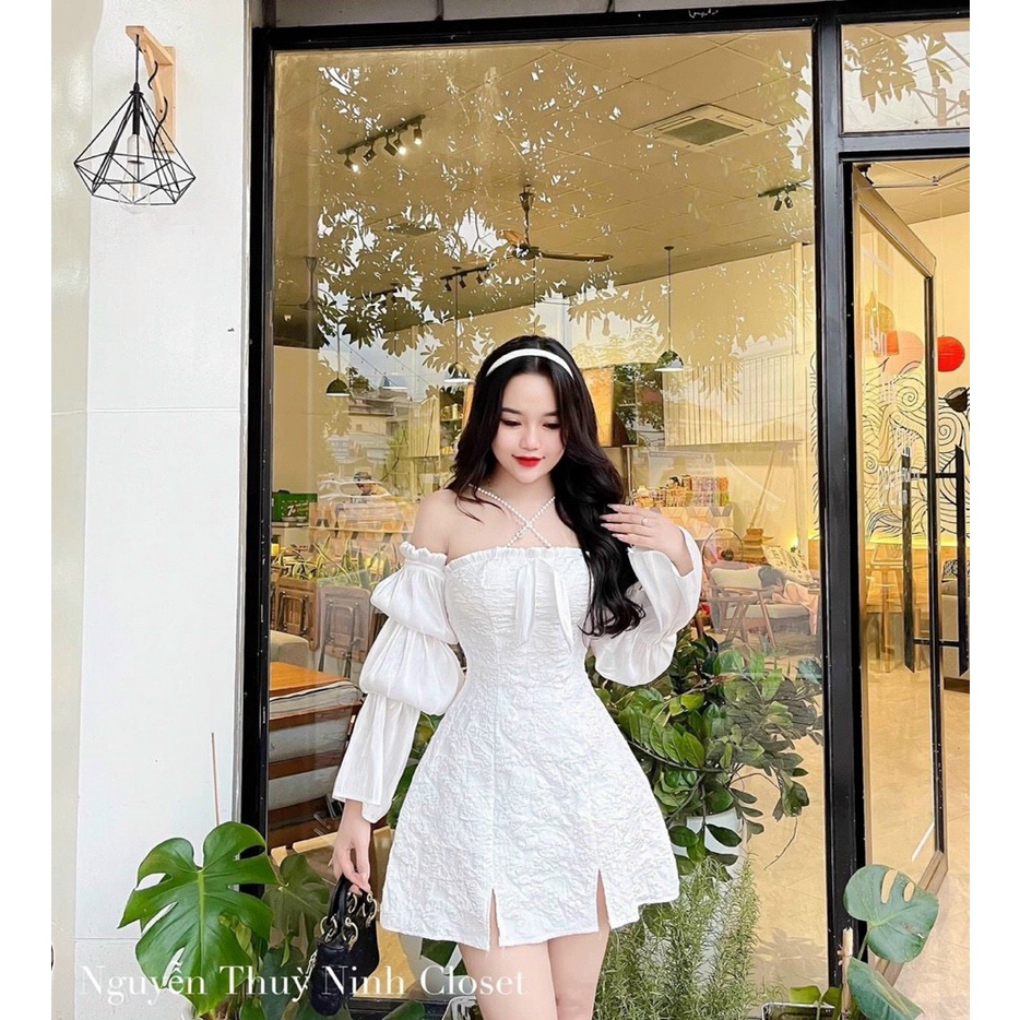 đầm nữ dáng ngắn trễ vai tay dài kèm day ở cổ siêu xinh phù gợp đi chơi,đi cưới