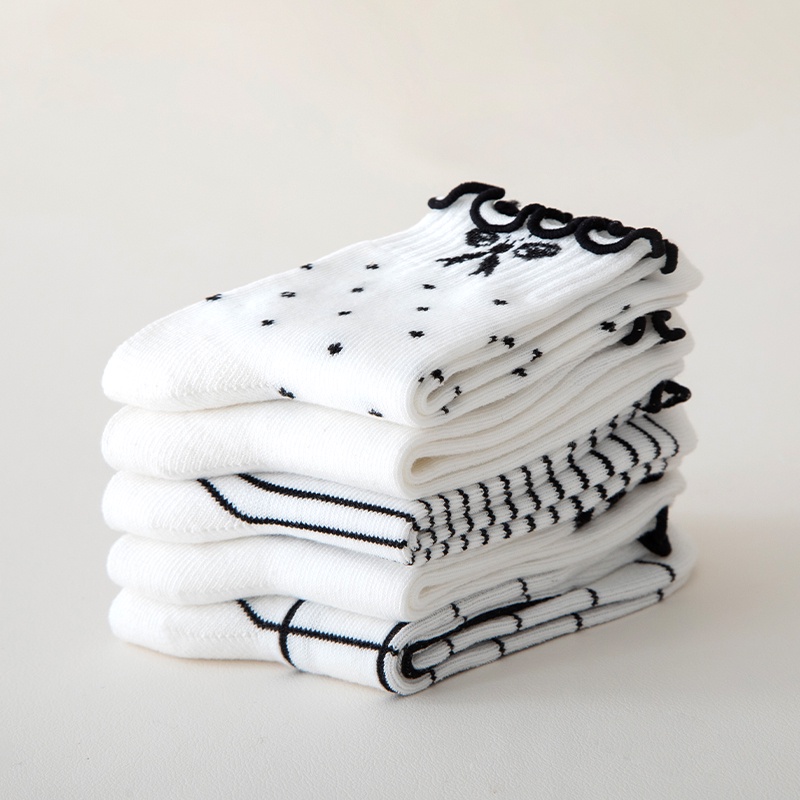 [THOAMS KIDS] Set 5 Đôi Vớ Cotton Thoải Mái Họa Tiết Chấm Bi / Sọc / Chấm Bi Màu Sắc Dành Cho Bé Gái 3-12 Tuổi