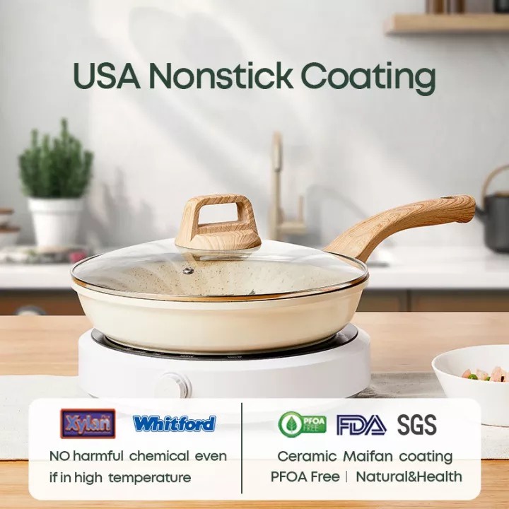 Chảo chống dính ECOWIN bằng đá kích thước tùy chọn 20/24/26/28cm màu trắng sứ thích hợp cho mọi loại bếp