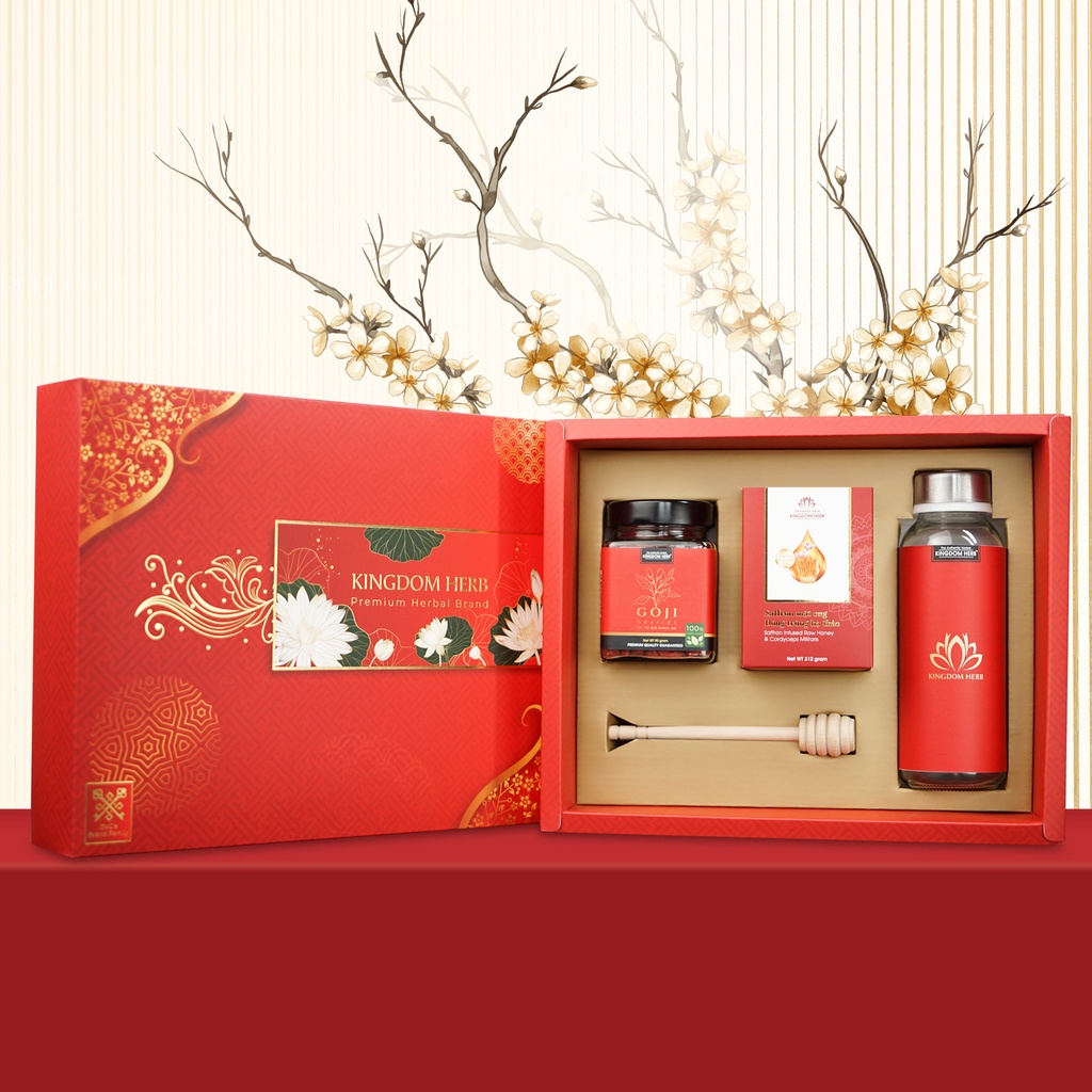 Set quà tặng, hộp quà tặng saffron mật ong đông trùng hạ thảo và táo đỏ/kỷ tử Kingdom Herb