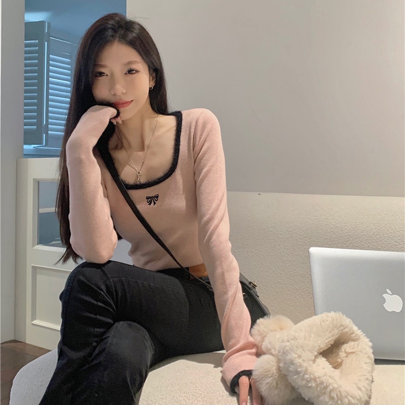 Áo sweater Dệt Kim Cổ Vuông Dáng Ôm Sáp Mềm Mại Thời Trang Cho Bạn Gái