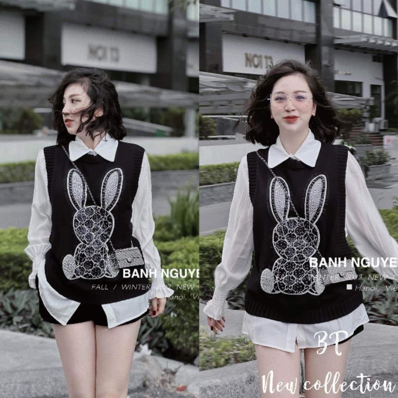 Sét áo sơmi trắng + áo gile len thỏ đính đá hàng QCL1