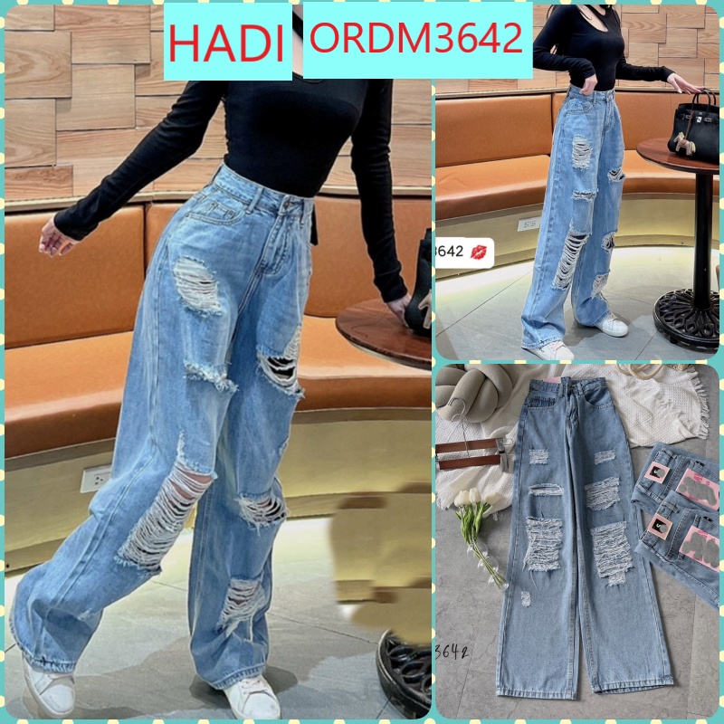 [ORDM3642] QUẦN JEANS ỐNG RỘNG NỮ LƯNG CAO RÁCH CÀO 6 MẢNG VUÔNG ĐÙI XANH NHẠT LAI CUỐN TÔN DÁNG HOT HIT PHÁ CÁCH