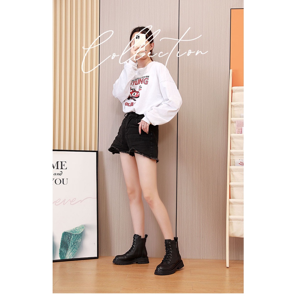 Giày chiến binh nữ độn đế 5cm Bốt nữ cổ thấp đứng phom da lì khóa kéo cạnh dây buộc cá tính, Lisa M26