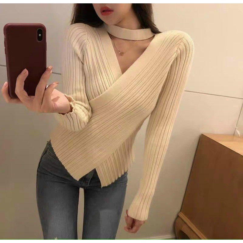 Áo thun Gân nhuyễn tay dài cổ tim dây cổ Choker siêu hot (A15
