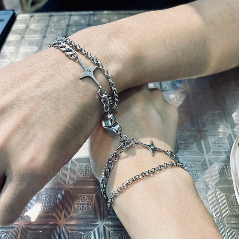 Vòng Tay Dây Xích Hai Lớp Khóa Nam Châm Hình Trái Tim Màu Bạc Thời Trang Cho Cặp Đôi