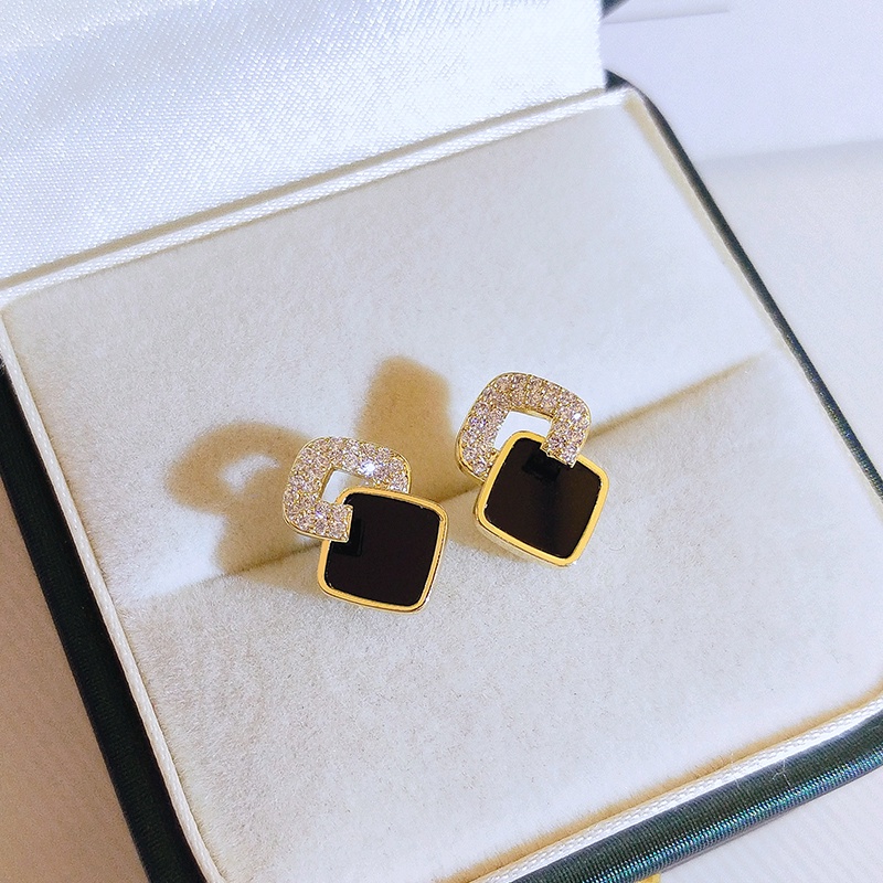 [Jiudolan] Bông Tai Mặt Đá Zircon Đen Sáng Bóng Đẹp Mắt Phong Cách Hàn Quốc