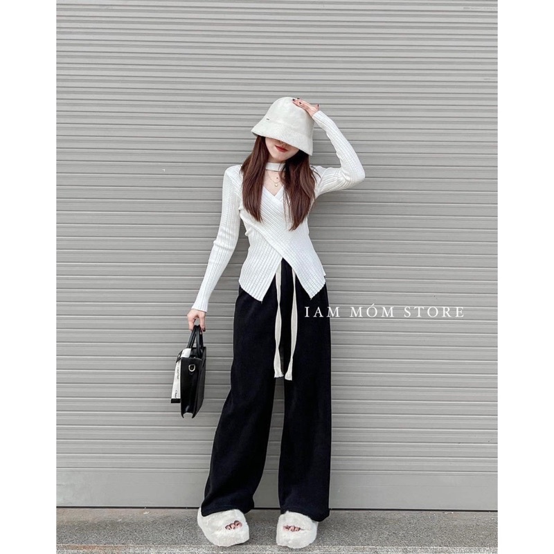 Áo len vạt chéo dây đeo cổ hottrend , Áo len dệt kim vạt chéo choker