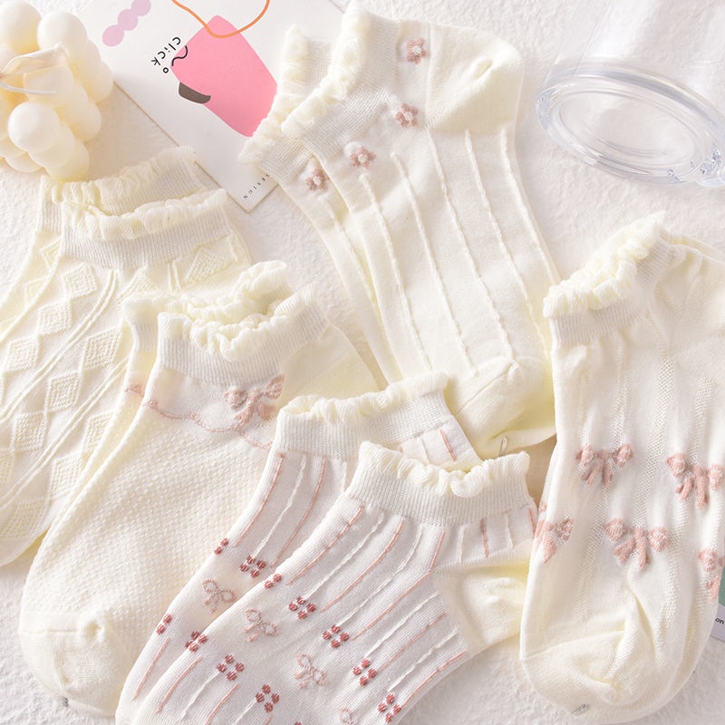 Set 5 Đôi Vớ Cổ Thấp Phối Ren Thoáng Khí Mềm Mại Thời Trang Mùa Đông Cho Nữ