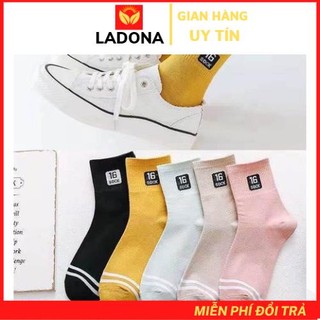 Tất cổ cao, vớ cổ cao nam nữ màu trơn basic vải cotton co giãn thời trang, LADONA T7