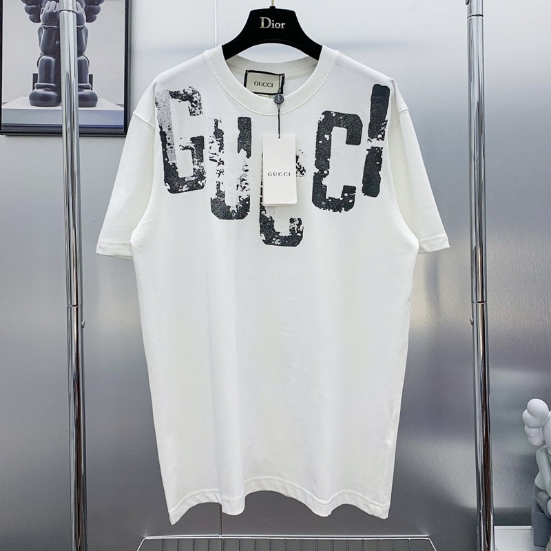 Áo phông nam nữ Premium Cotton in chữ GG loang đen trắng quanh cổ phong cách vintage AP31P