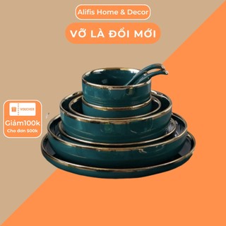Bộ sưu tập bát đĩa xanh cổ vịt viền vàng cao cấp – Phong cách Bắc Âu