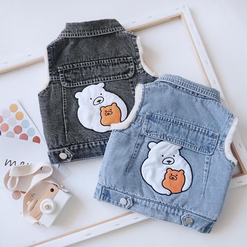 Áo gi-lê jean lót lông in hình gấu cho bé trai bé gái