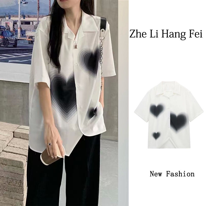 【ZHELIHANGFEI】Áo Sơ Mi Tay Ngắn Dáng Rộng In Họa Tiết Trái Tim Xinh Xắn Dễ Phối Đồ