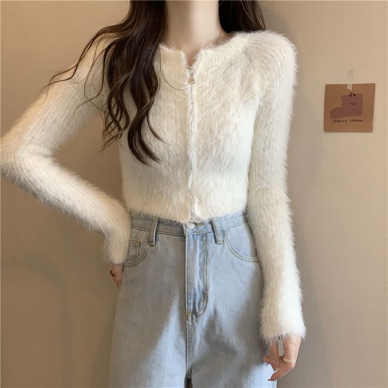 [LININ] Áo Khoác Sweater Lông Mềm Dáng Ôm Có Dây Kéo Thời Trang Thu Đông Cho Nữ