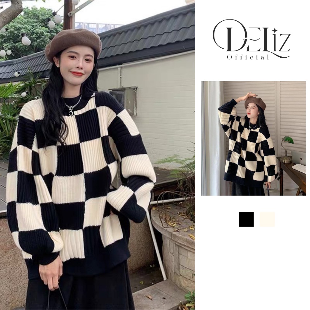 Áo len nữ dài tay caro đen trắng form rộng DELIZ, áo len nữ tay bồng Hàn Quốc
