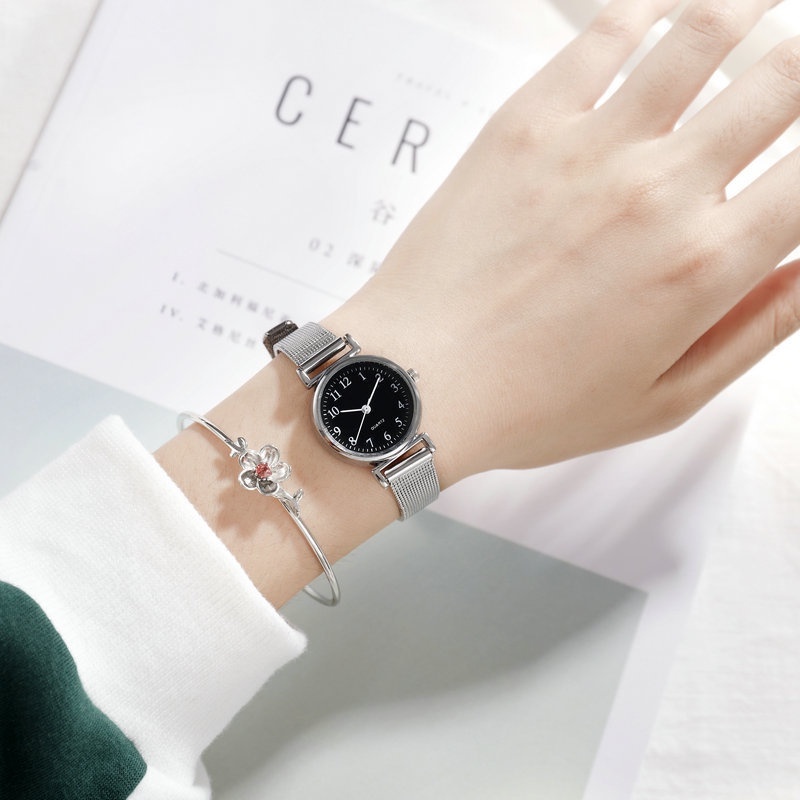 Đồng Hồ Đeo Tay Máy Quartz Mặt Tròn Dây Lưới Inox Cỡ Nhỏ Thời Trang Cho Nữ