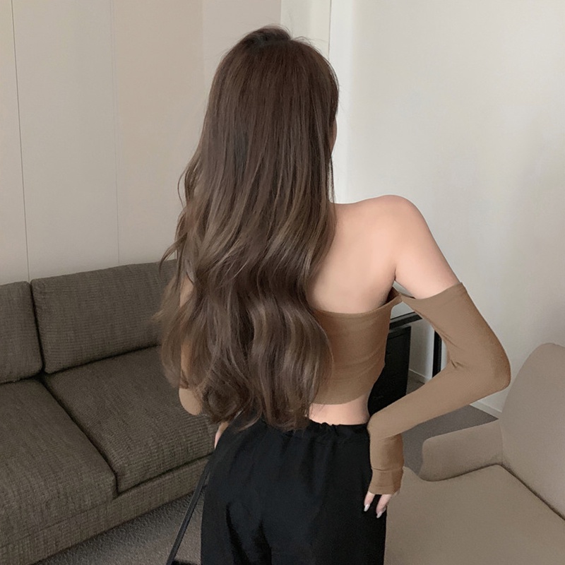 Áo Thun Croptop Lệch Vai Tay Dài Màu Trơn Thời Trang Đường Phố Cho Nữ