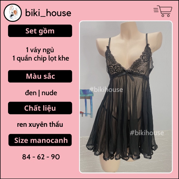 Váy ngủ sexy cột nơ lưng ren xuyên thấu gợi cảm cao cấp đầm tiểu thư 2 dây kèm quần lọt khe quyến rũ đáng yêu BIKI N153