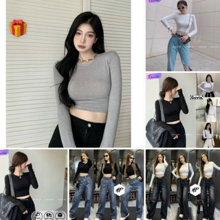 Áo croptop tay dài cổ tròn basic dễ phối đồ