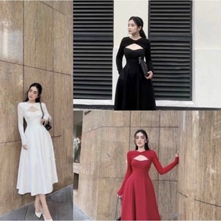 ĐẦM DỰ TIỆC TAY DÀI DÁNG MIDI TK HỞ NGỰC TIỂU THƯ SANG TRỌNG