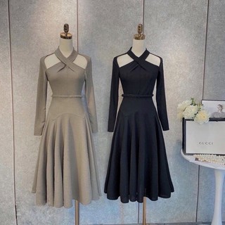VÁY/ĐẦM CỔ VẮT CHÉO CUTOUT HỞ VAI EO DÂY TẾT ĐAN ÔM DÁNG XOÈ DÀI CHẤT LEN TĂM HOT (kèm ảnh thật)