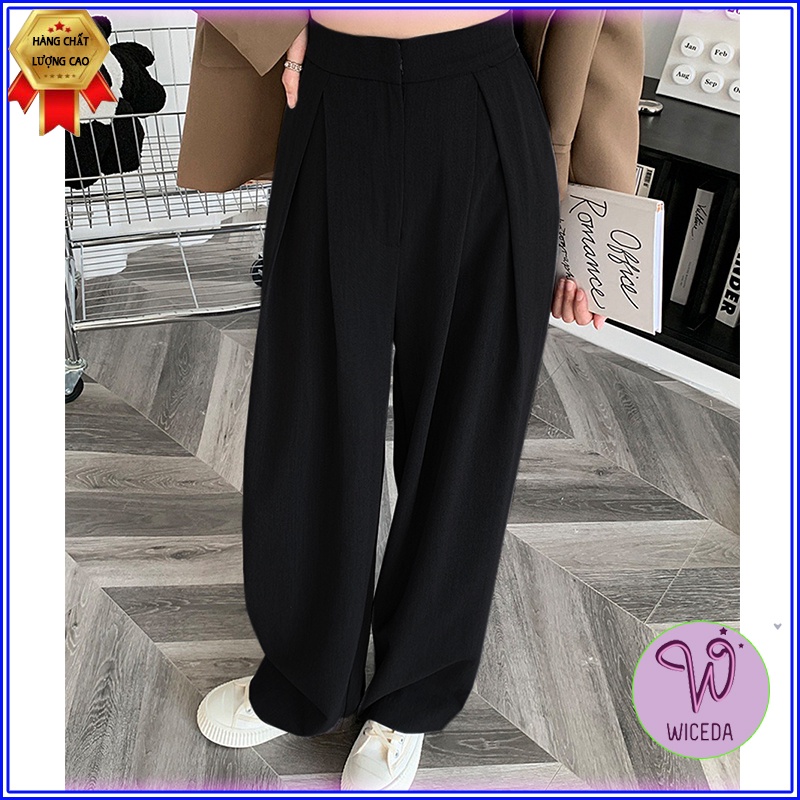 Quần ống rộng nữ cạp chun ly xếp chéo Wiceda , quần dài cạp cao màu đen ghi đậm phong cách trẻ trung hiện đại QS 354