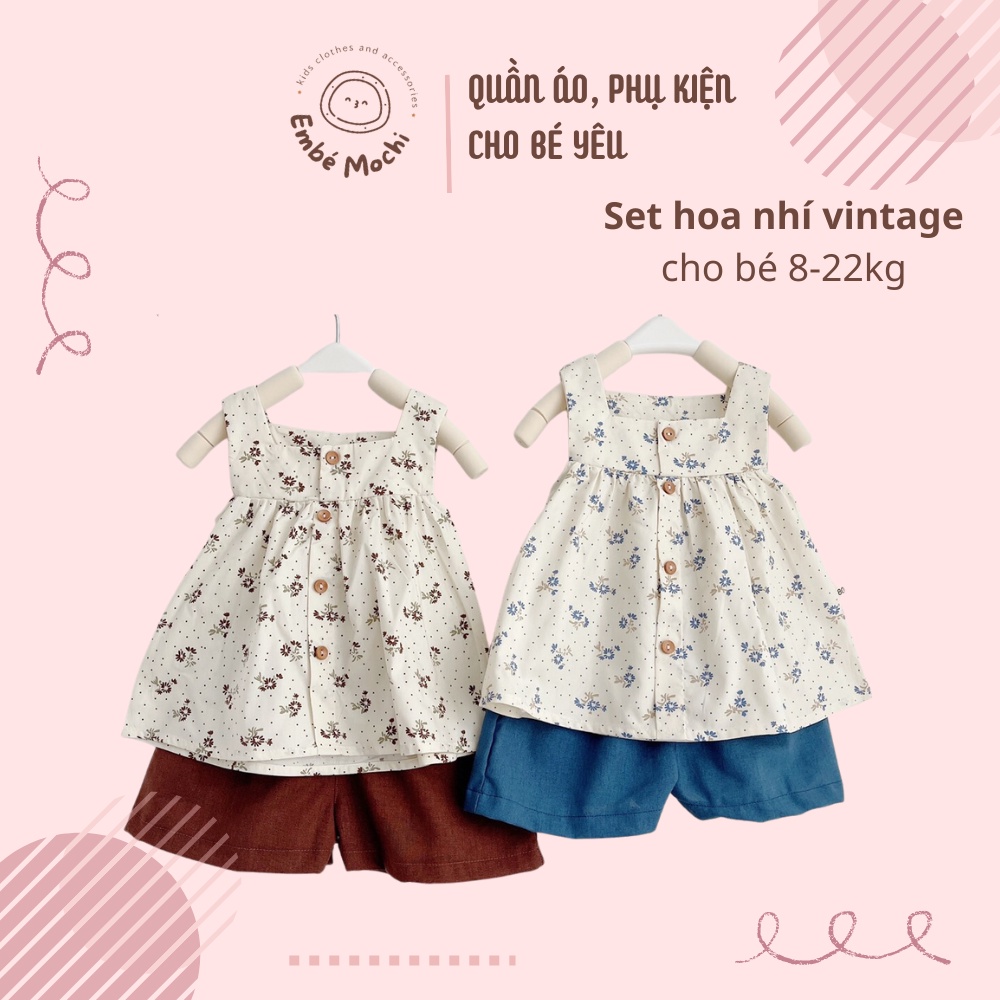 Set áo sát nách hoa nhí vintage kèm quần sooc vải đũi organic mềm mát mùa hè cho bé gái từ 8 – 23kg