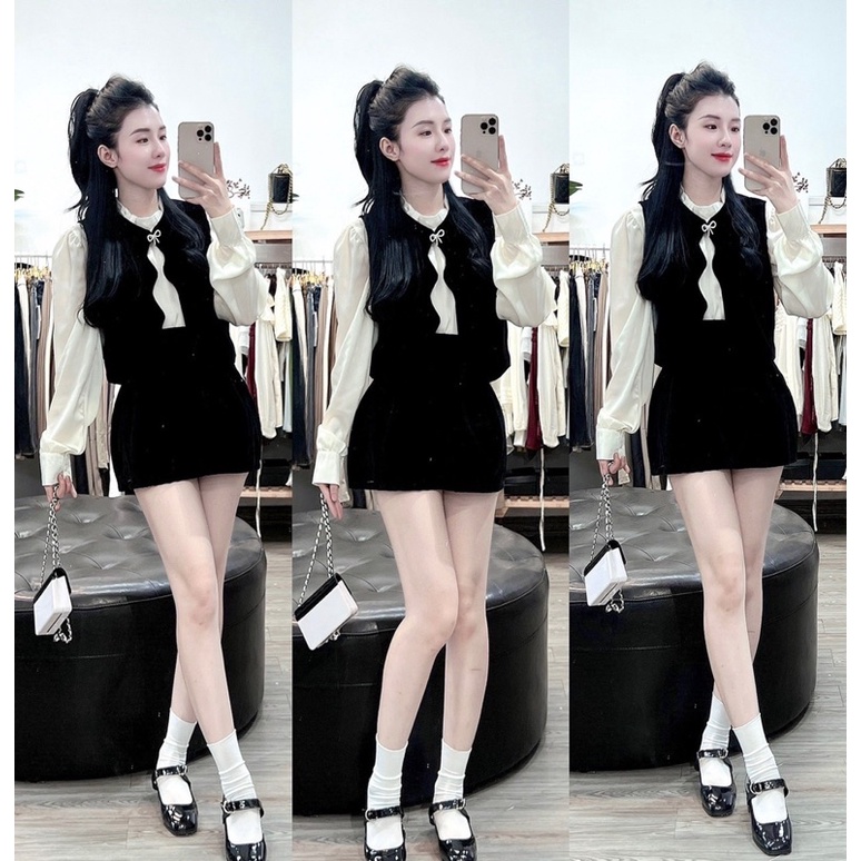 Sét nhung viền sóng cài nơ