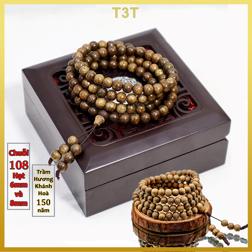 Vòng tay trầm hương chuỗi tràng hạt 108 cho nam nữ size 6 8mm, Vòng trầm đeo may mắn tặng kèm hộp gấm và dây - T3T