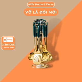 Bộ dụng cụ nhà bếp 7 món inox mạ vàng tay cầm gốm cao cấp Alifis