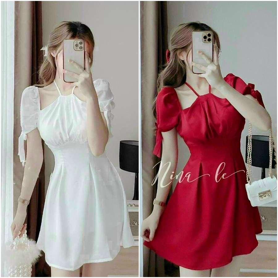 Đầm xòe cổ yếm tay cột nơ chất lụa nhung cao cấp đi tiệc,dạo phố,Noel,Tết siêu xinh