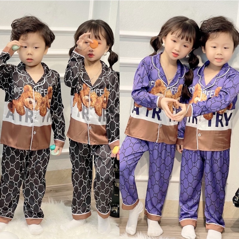 Bộ ngủ Pijama dài tay Kenkids, bộ đồ ngủ lụa satin cho bé trai và bé gái